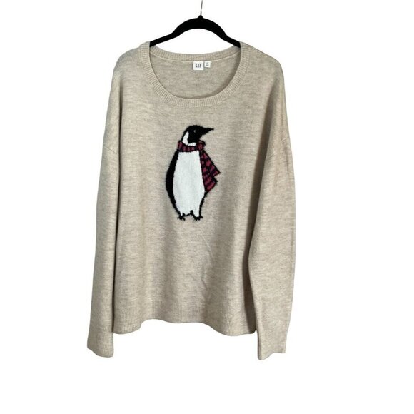 Gap Sweater Women LT Tan Penguin Novelty Fuzzy Preppy Old Money Classic Retro - Picture 3 of 9
